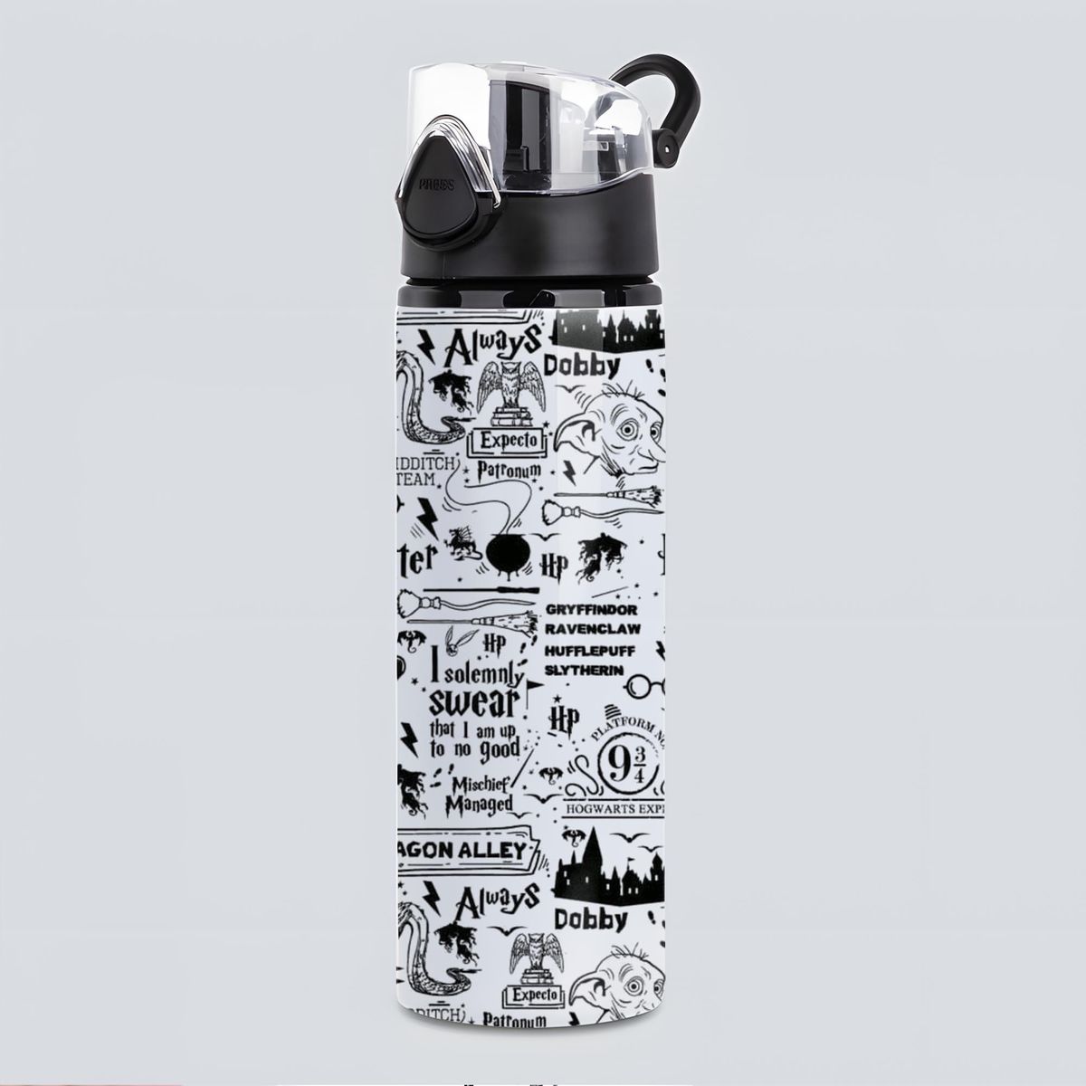 SM - Botella De Agua Inspirada en Harry Potter 750 ml Aluminio Diseño Blanco y Negro Libre de BPA