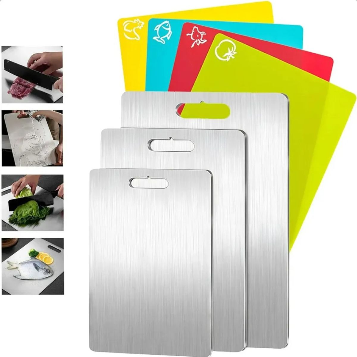 GENERICO - Kit 7 Tablas De Picar Alimento De Cocina Acero Inoxidable Plateado BELUG