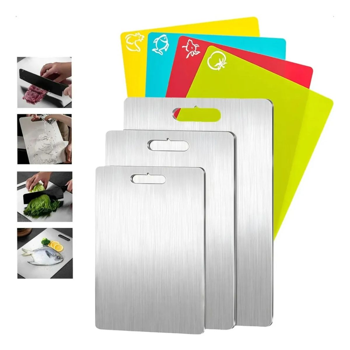 GENERICO - Kit 7 Tablas De Picar Alimento De Cocina Acero Inoxidable Plateado BELUG