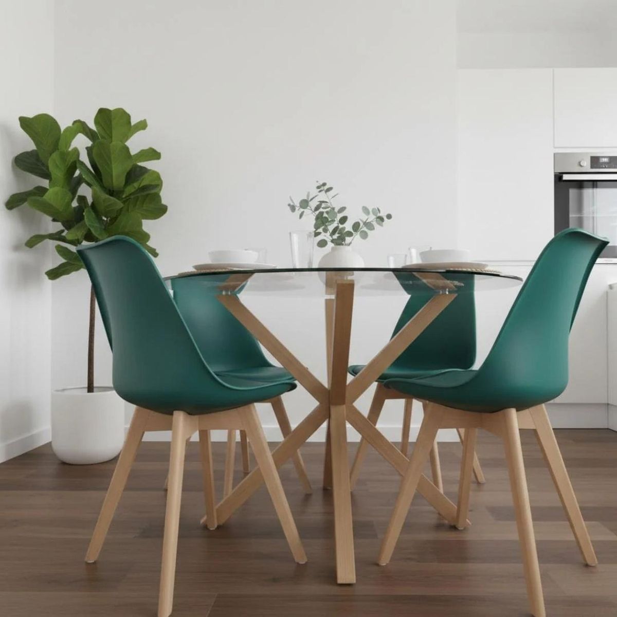 PANDALINO - Comedor Mesa Redonda Equiz 100cm + 4 Sillas Tulip Verde Esmeralda