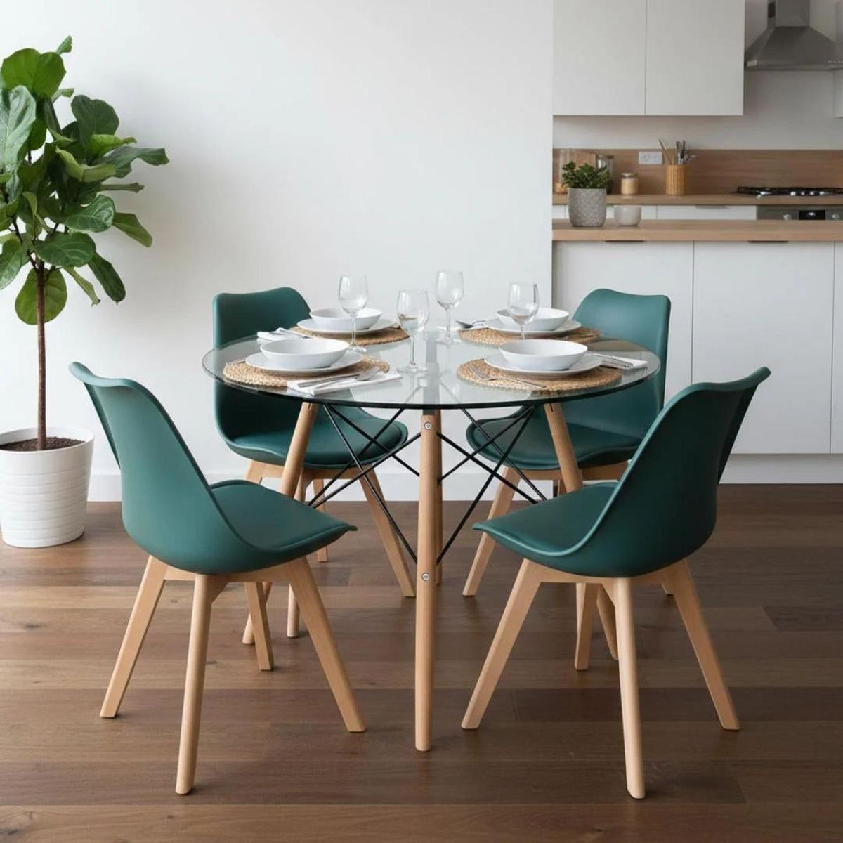 PANDALINO - Comedor Mesa Redonda Elida 100cm + 4 Sillas Tulip Verde Esmeralda