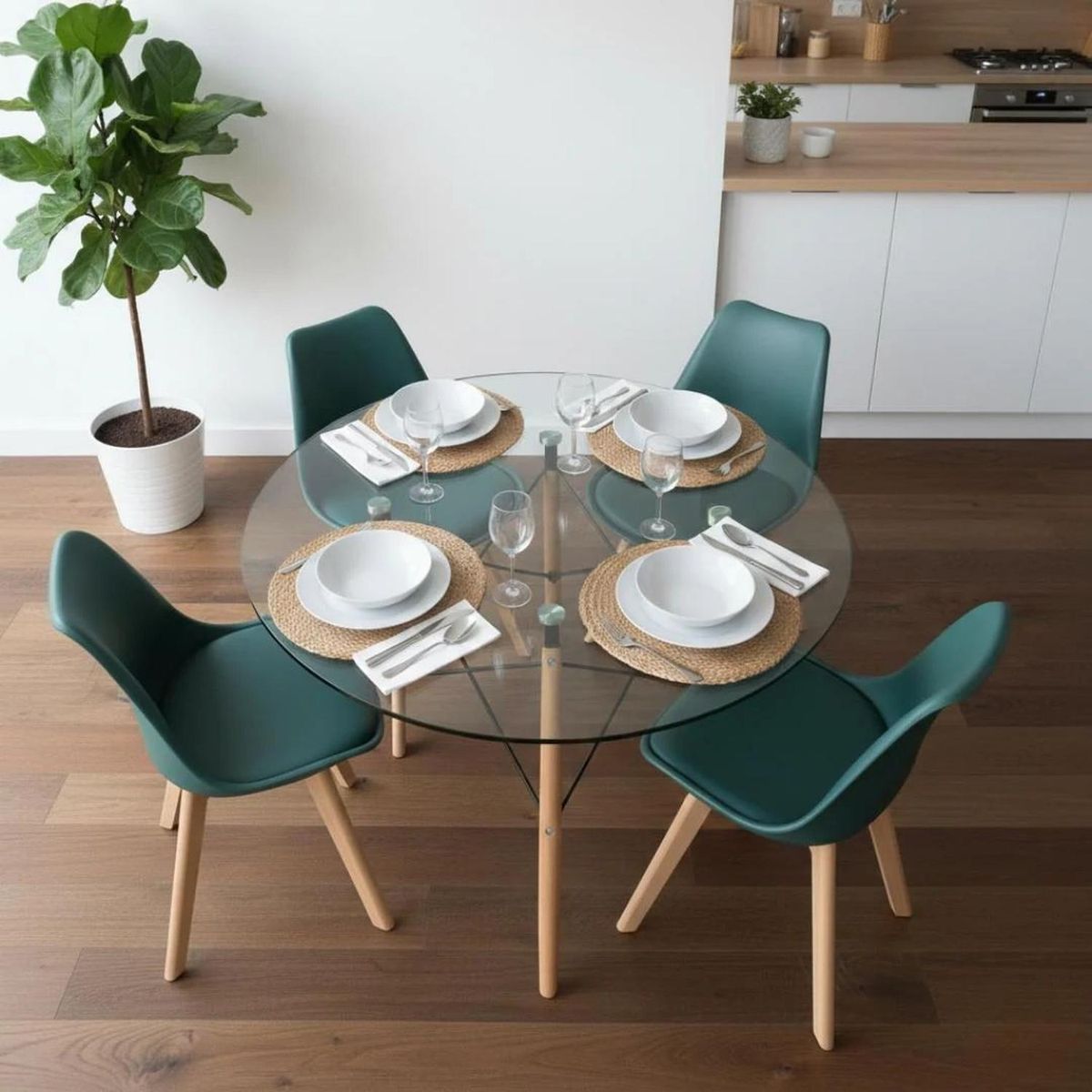 PANDALINO - Comedor Mesa Redonda Elida 100cm + 4 Sillas Tulip Verde Esmeralda