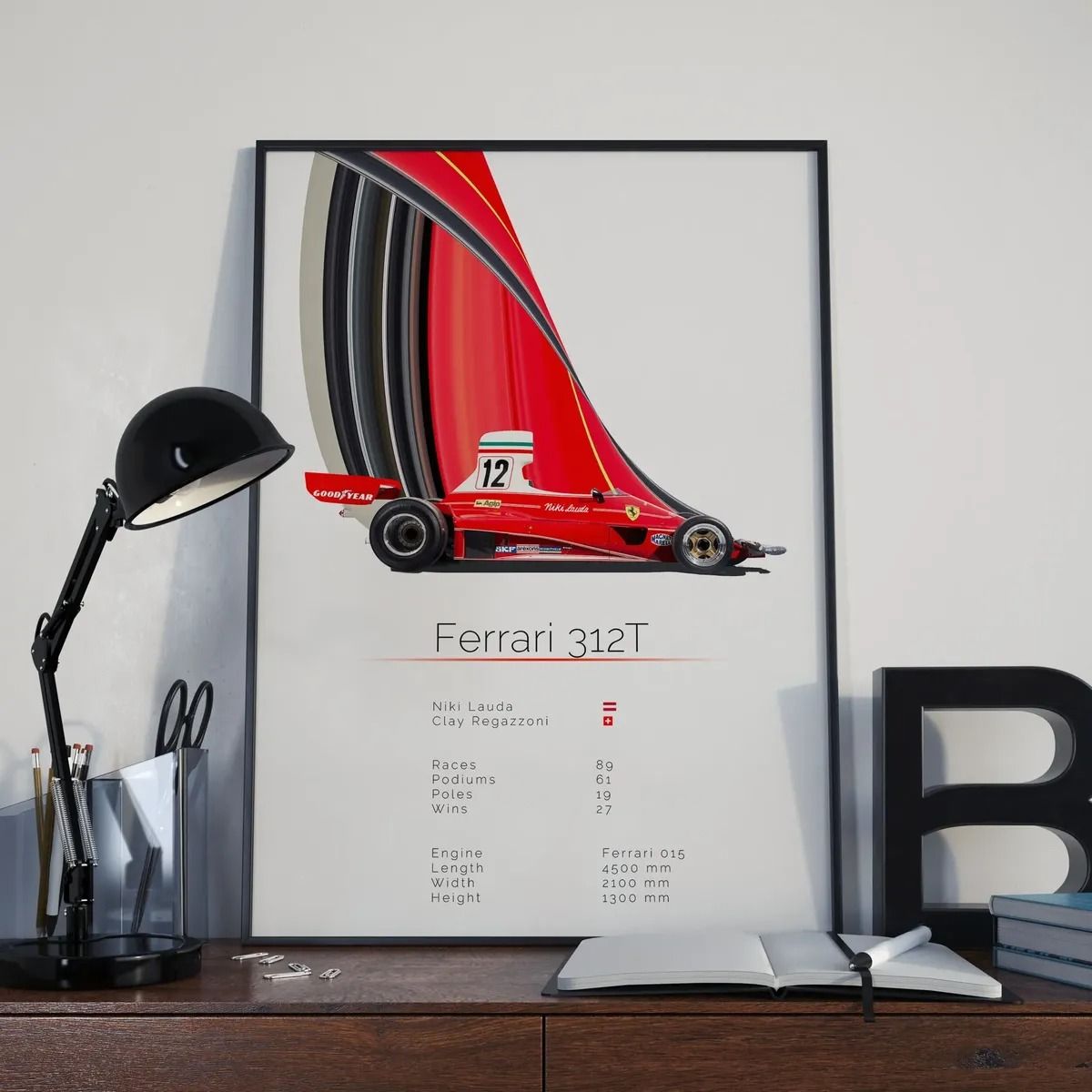 GENERICO - Cuadro Auto Ferrari 312t Clásico Fórmula 1 + Marco Negro