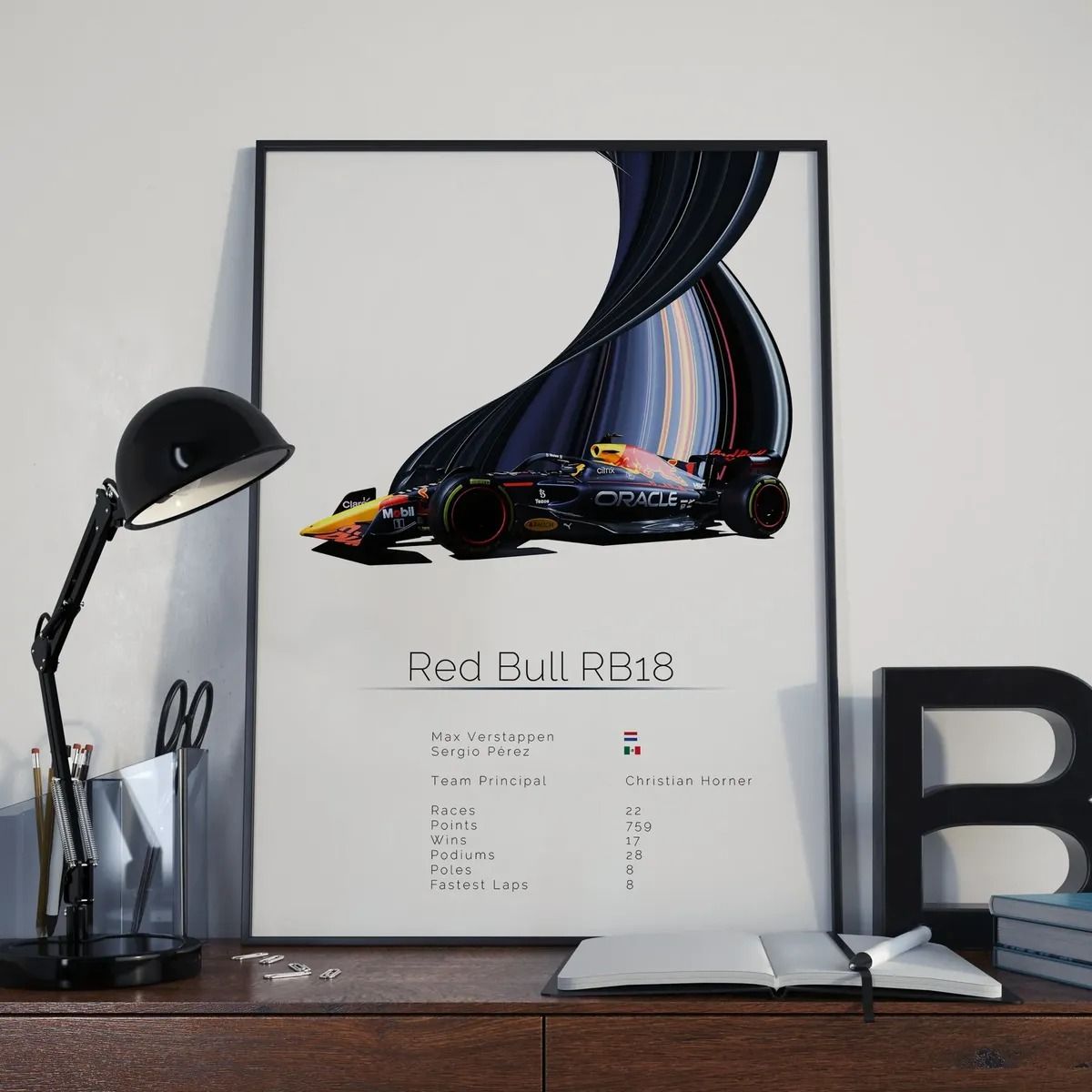 GENERICO - Cuadro Auto Red Bull RB18 Colección F1 Fórmula 1 + Marco Negro