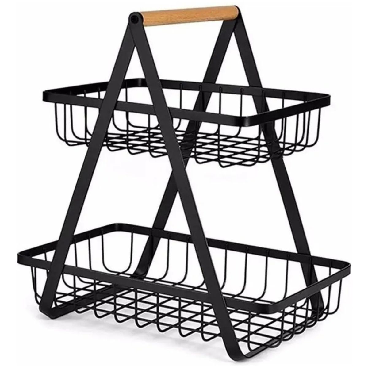 GENERICO - FRUTERA DOBLE DE METAL CON MANGO DE MADERA COLOR NEGRO