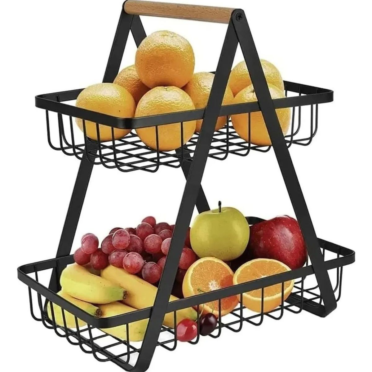 GENERICO - FRUTERA DOBLE DE METAL CON MANGO DE MADERA COLOR NEGRO