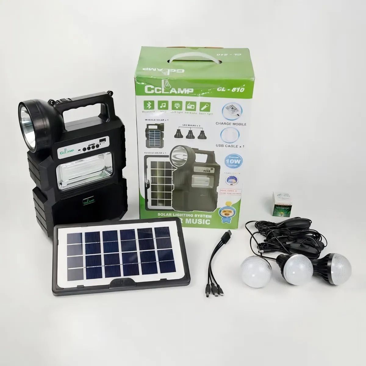 GENERICO - KIT LAMPARA SOLAR DE CAMPING USB + RADIO + BLUETOOTH COLOR NEGRO