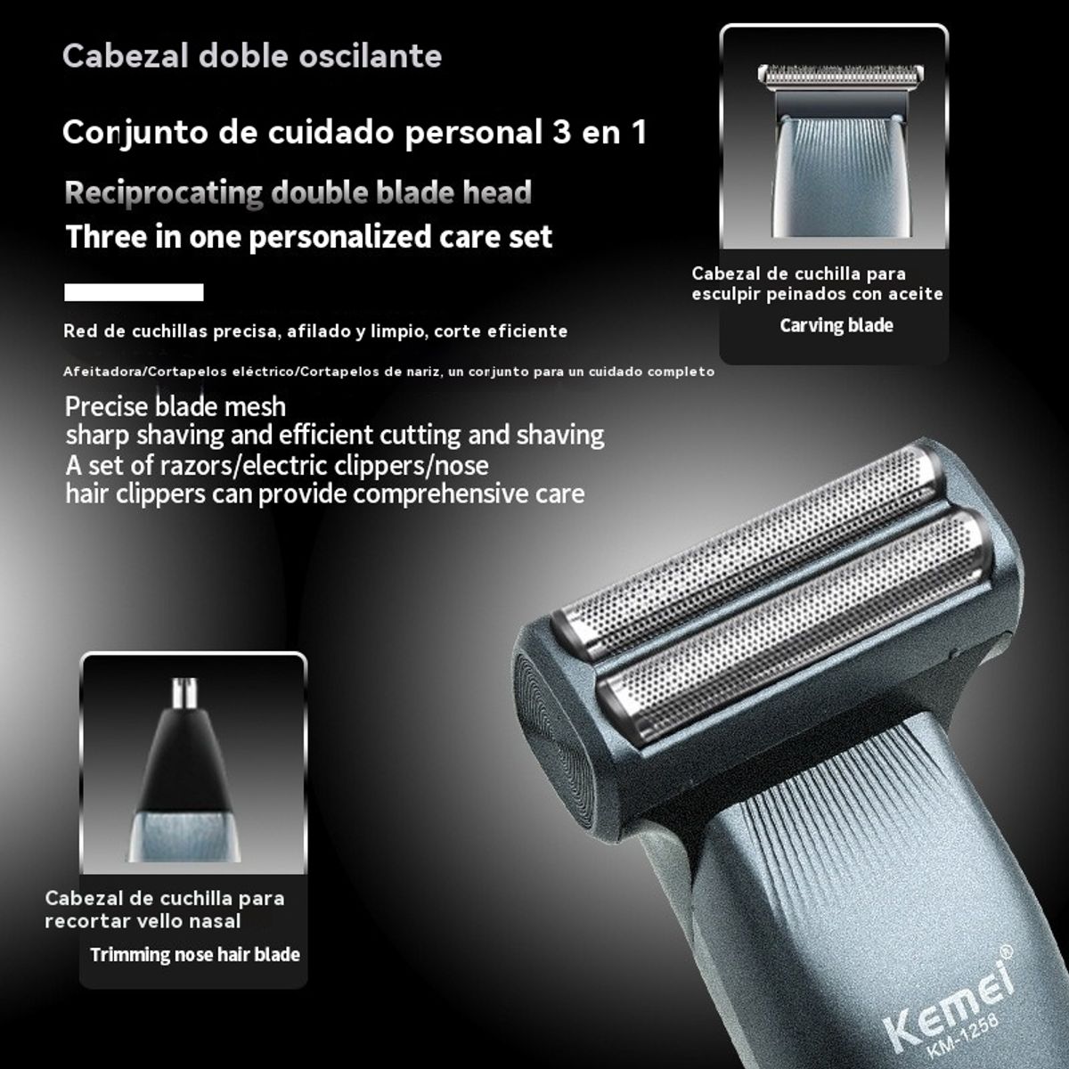 GIOIO - Afeitadora 3 en 1 Recíproca para Barba Pelo y Vello Nasal