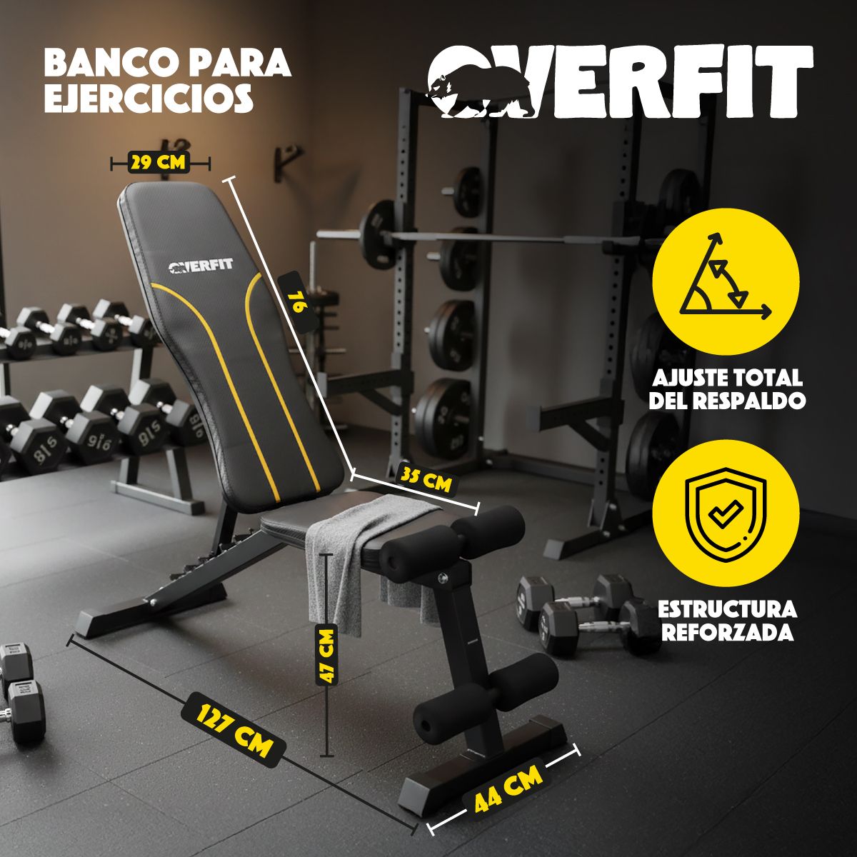 OVERFIT - Banco Reclinable Gym Multifuncional Overfit Press Ajustable
