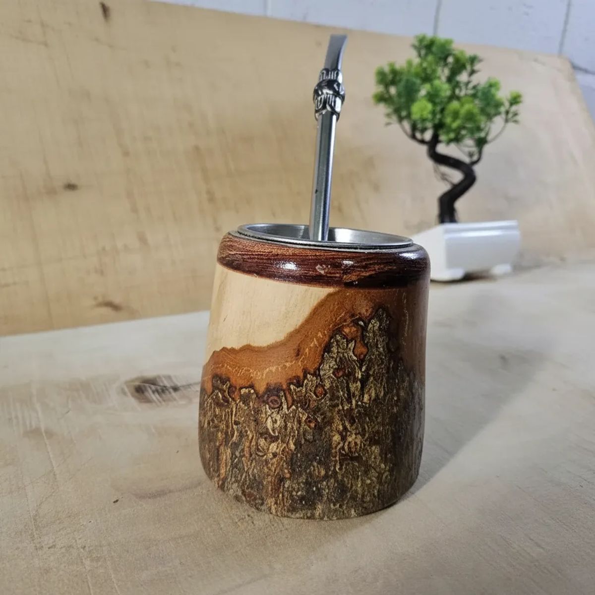 GENERICO - Mate De Madera Nativa Torneado Artesanal Chileno No Bombilla Madera Lingue Madera Lingue Con Corteza