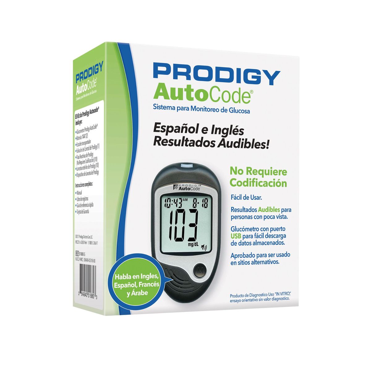 PRODIGY - Glucómetro Prodigy 10 Tiras + 10 Lancetas