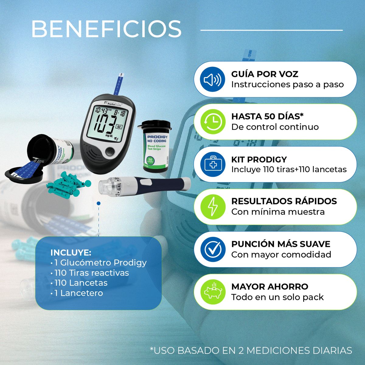 PRODIGY - Glucómetro Prodigy 110 Tiras + 110 Lancetas