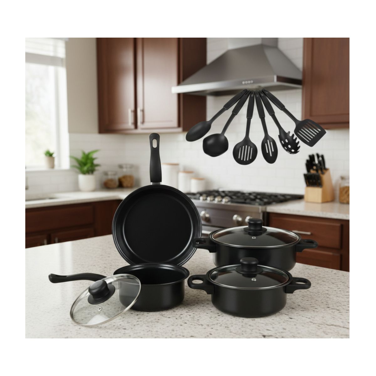 GENERICO - Bateria de Cocina 13 Piezas Antiadherente: 3 Ollas + Sartén + Utensilios - Negro Mate