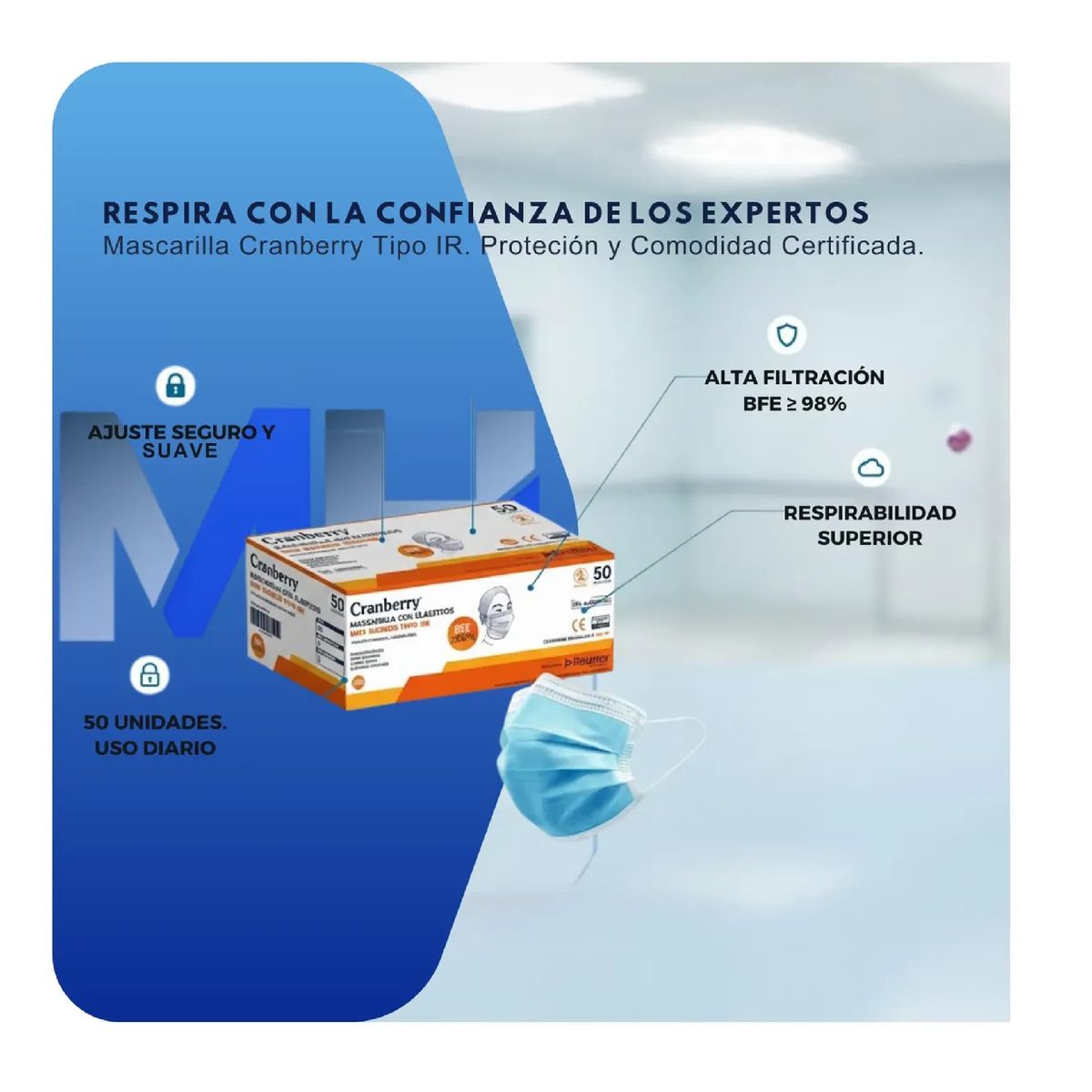CRANBERRY - Mascarilla 3 Pliegues Cranberry Celeste Caja 50 Unid
