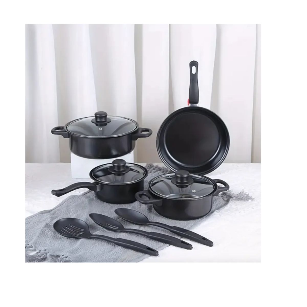 GENERICO - Bateria de Cocina 13 Piezas Antiadherente: 3 Ollas + Sartén + Utensilios - Negro Mate