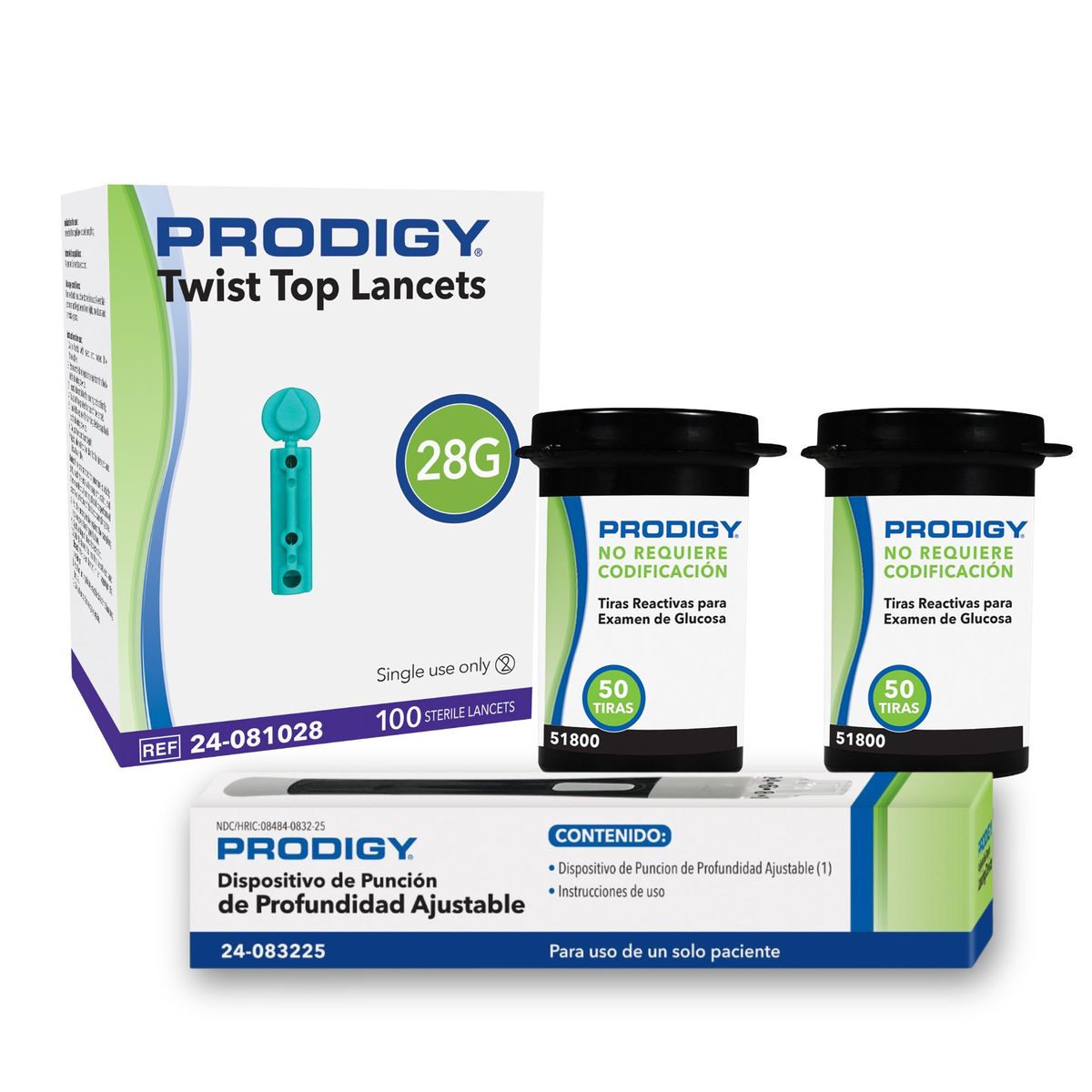 PRODIGY - 100 Tiras Reactivas + 100 Lancetas + Lancetero Prodigy