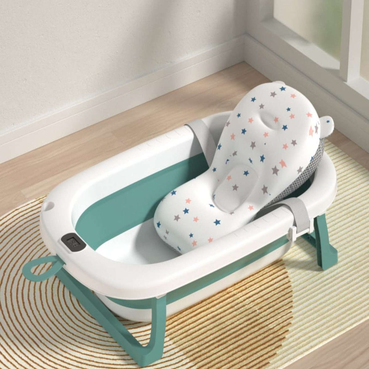 GENERICO - TINA PLEGABLE CON TERMOMETRO Y COJÍN PARA BEBES VERDE