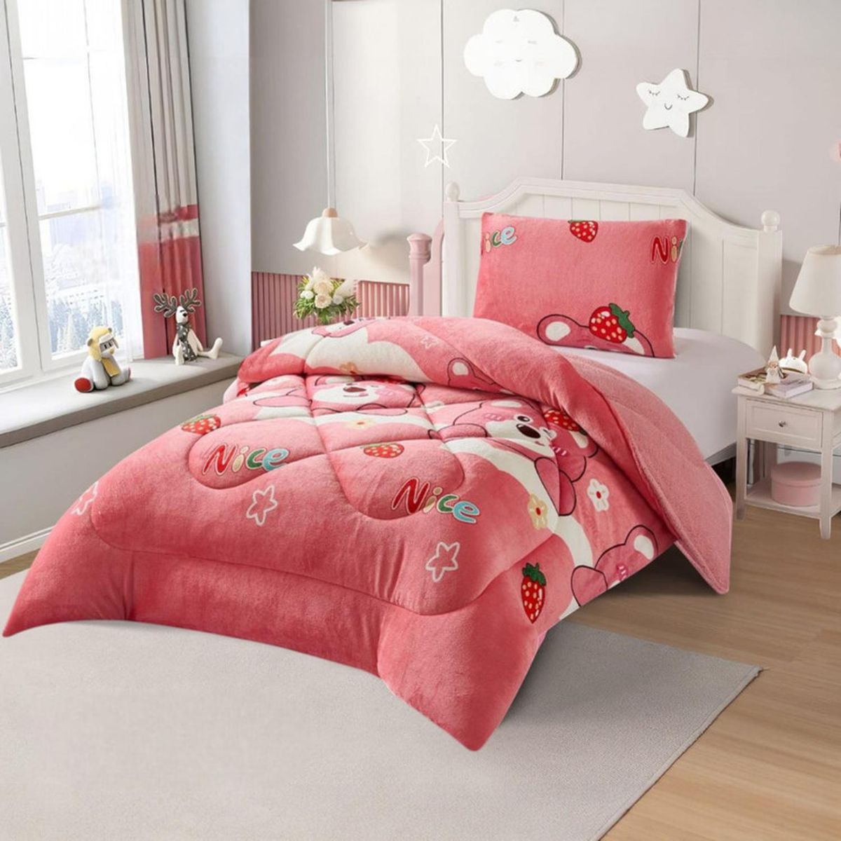 GENERICO - Plumon Plush Liso Con Chiporro 1.5 Plazas + 1 Funda Almohada - Multicolor - 1,5 Plazas