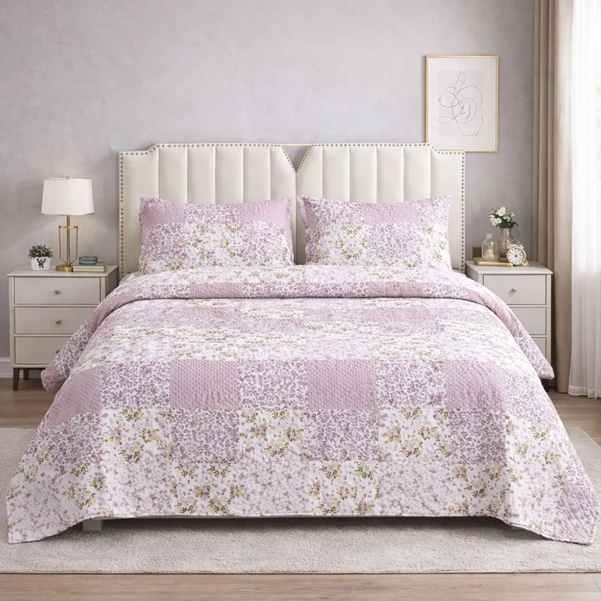 GENERICO - Cubrecama 2 Plazas para Verano Blanco con Rosa Floral