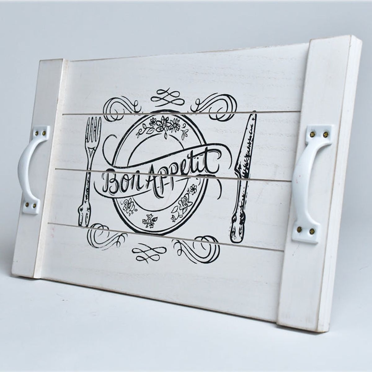 VGO - Bandeja madera con Agarraderas metalicas  4x40x24 cm Blanco Vgo