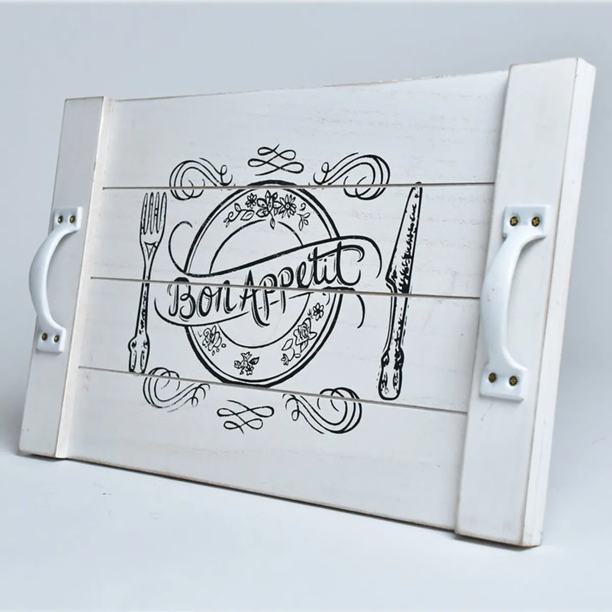 VGO - Bandeja madera con Agarraderas metalicas  4x40x24 cm Blanco Vgo