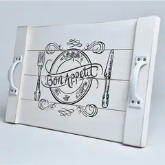 VGO - Bandeja madera con Agarraderas metalicas 4x40x24 cm Blanco