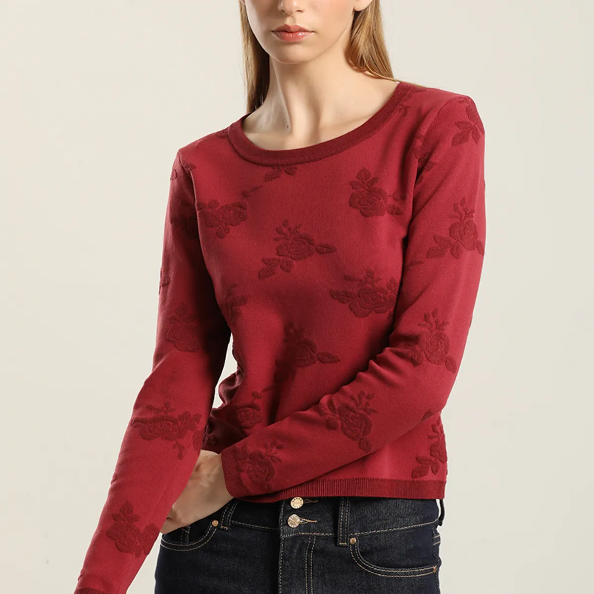 LIOLA - Jersey punto jacquard flores, burdeo Liola