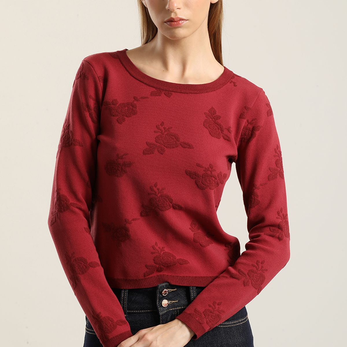 LIOLA - Jersey punto jacquard flores, burdeo Liola