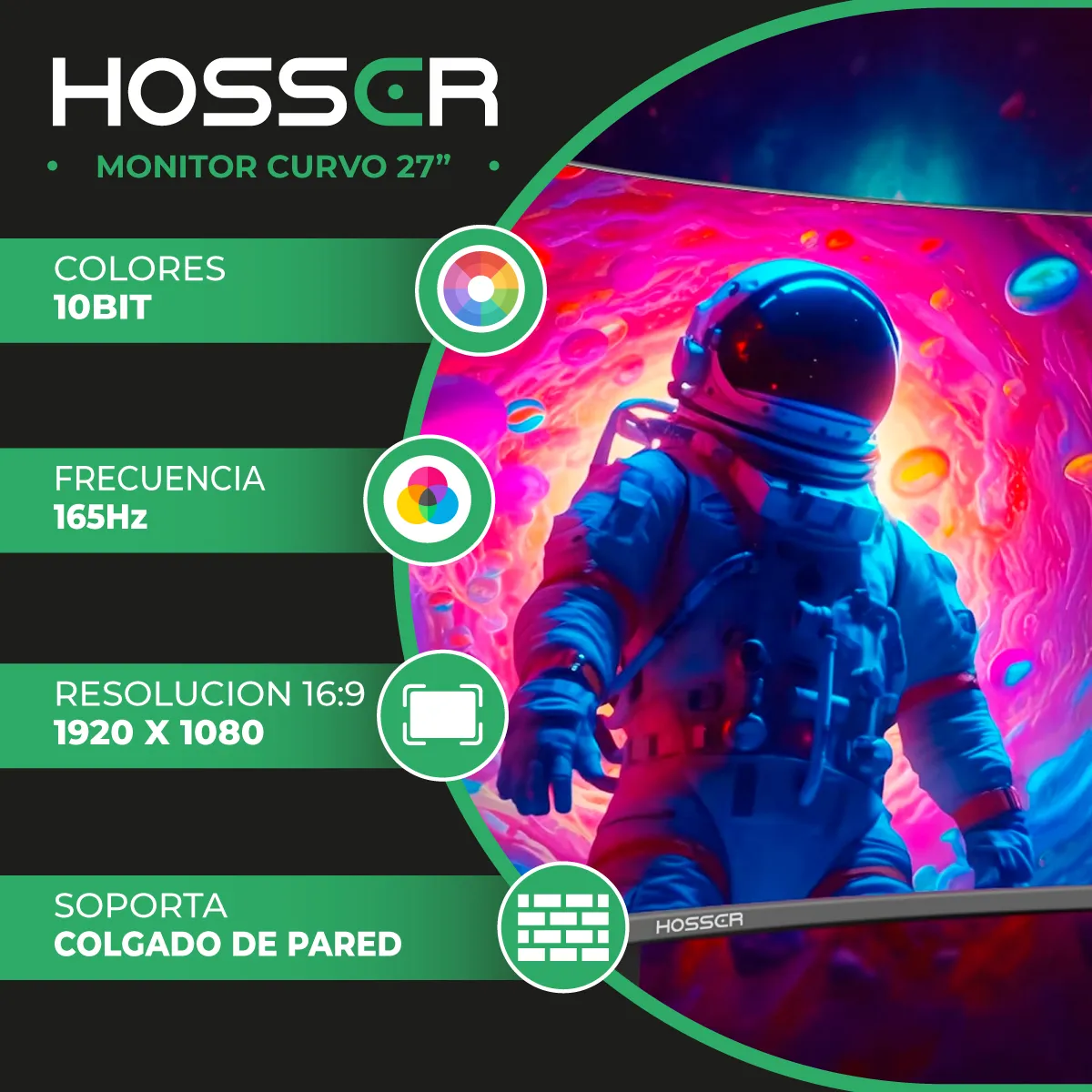 HOSSER - Monitor Gamer Curvo 27 Hosser Fhd 165Hz Gaming Freesync 1ms..