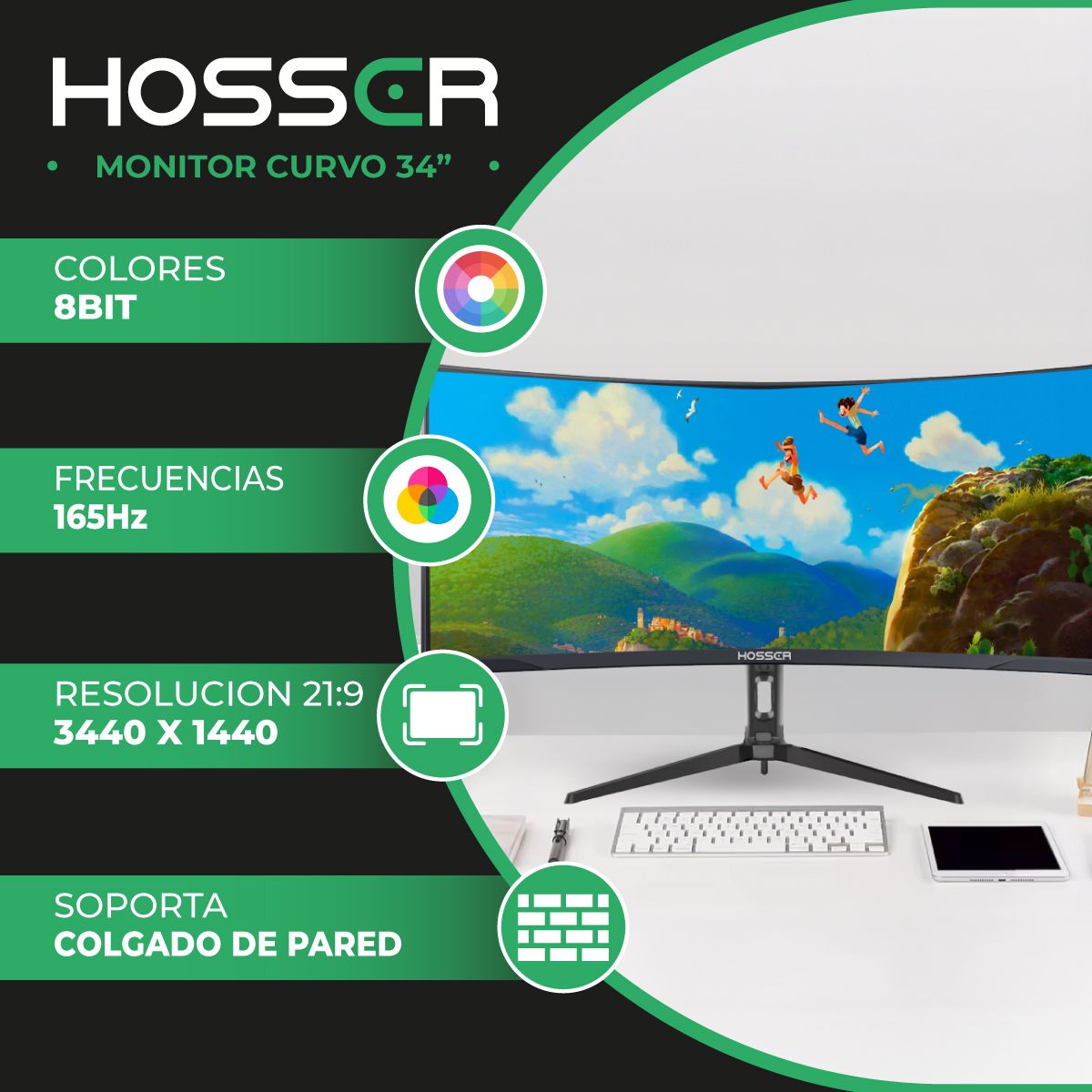 HOSSER - Monitor PC Gamer Curvo 34" Ultra Wide Hosser 165Hz Gaming 1 ms