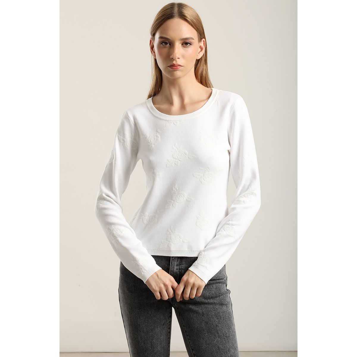 LIOLA - Jersey punto jacquard flores, crudo Liola
