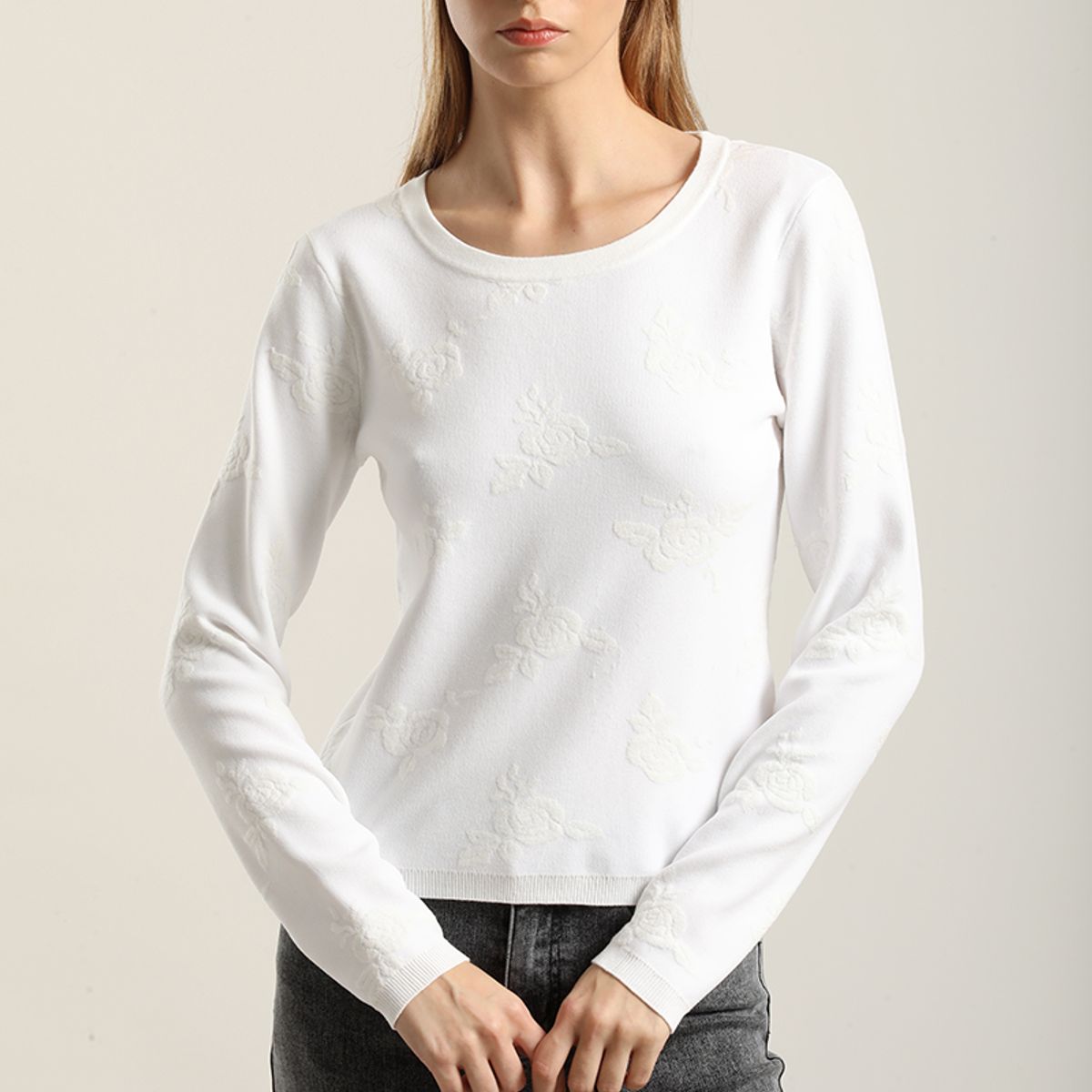 LIOLA - Jersey punto jacquard flores, crudo Liola