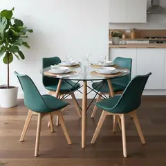 PANDALINO - Comedor Mesa Redonda Elida 80cm + 4 Sillas Tulip Verde Esmeralda