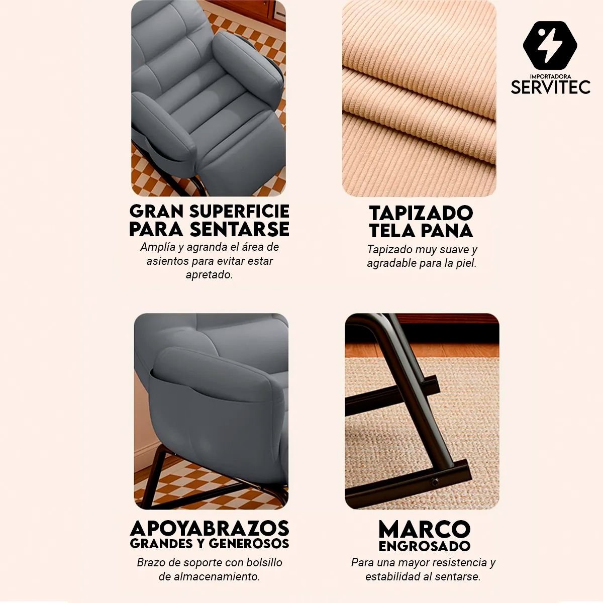 GENERICO - Sillón Mecedor Reclinable 5 Posiciones Tela Pana Suave Blanco