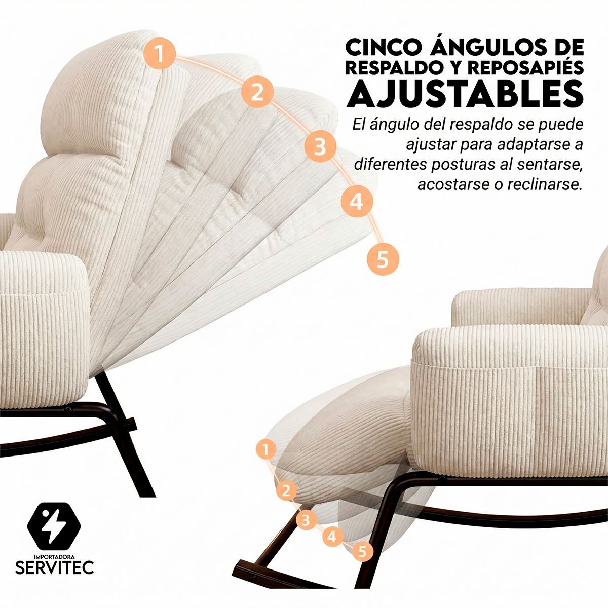 GENERICO - Sillón Mecedor Reclinable 5 Posiciones Tela Pana Suave Blanco