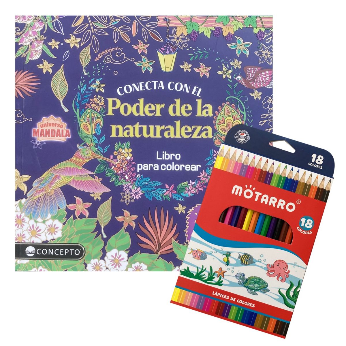 LATINBOOKS - Libro para colorear - Conecta con el poder de la naturaleza + 18 lápices de colores
