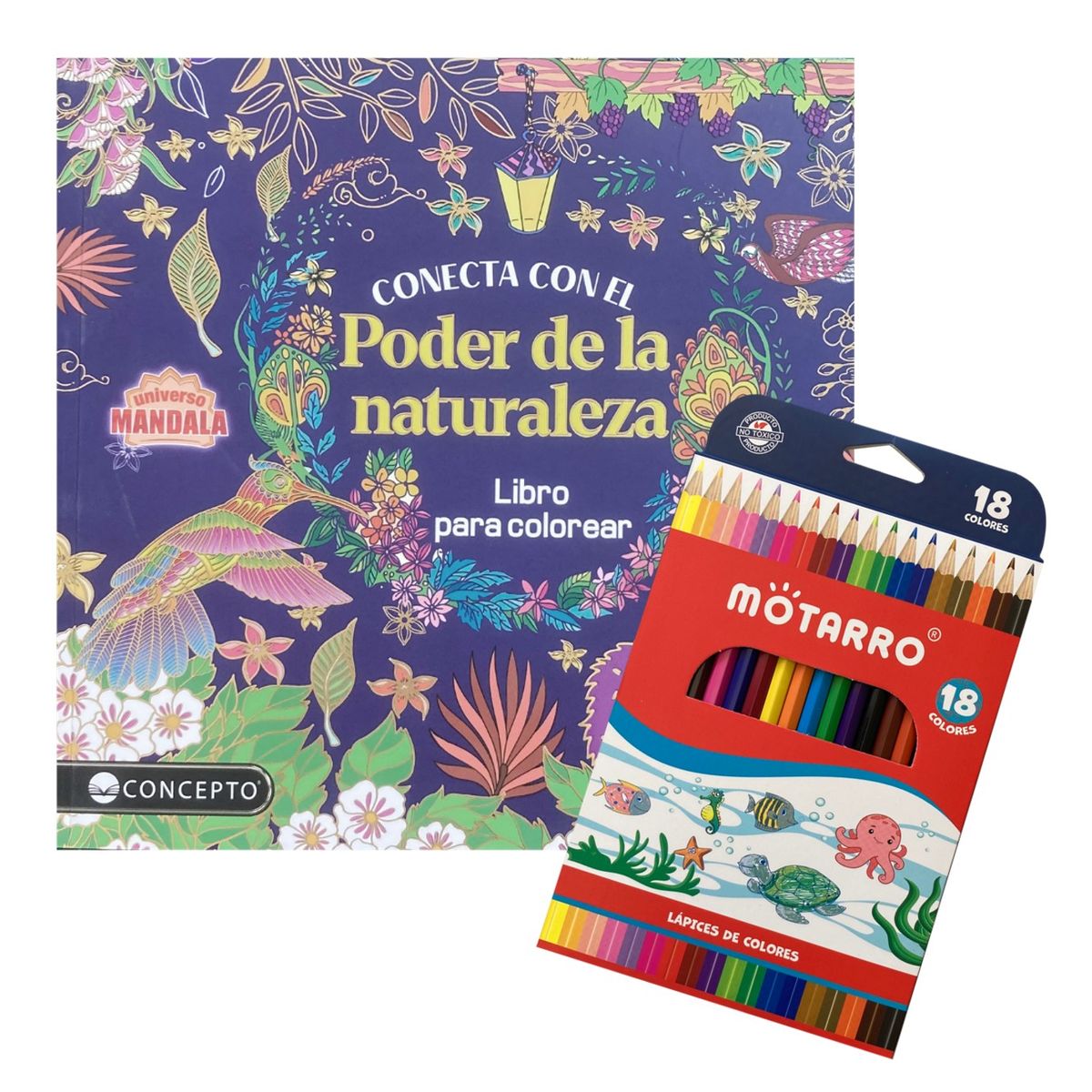 LATINBOOKS - Libro para colorear - Conecta con el poder de la naturaleza + 18 lápices de colores