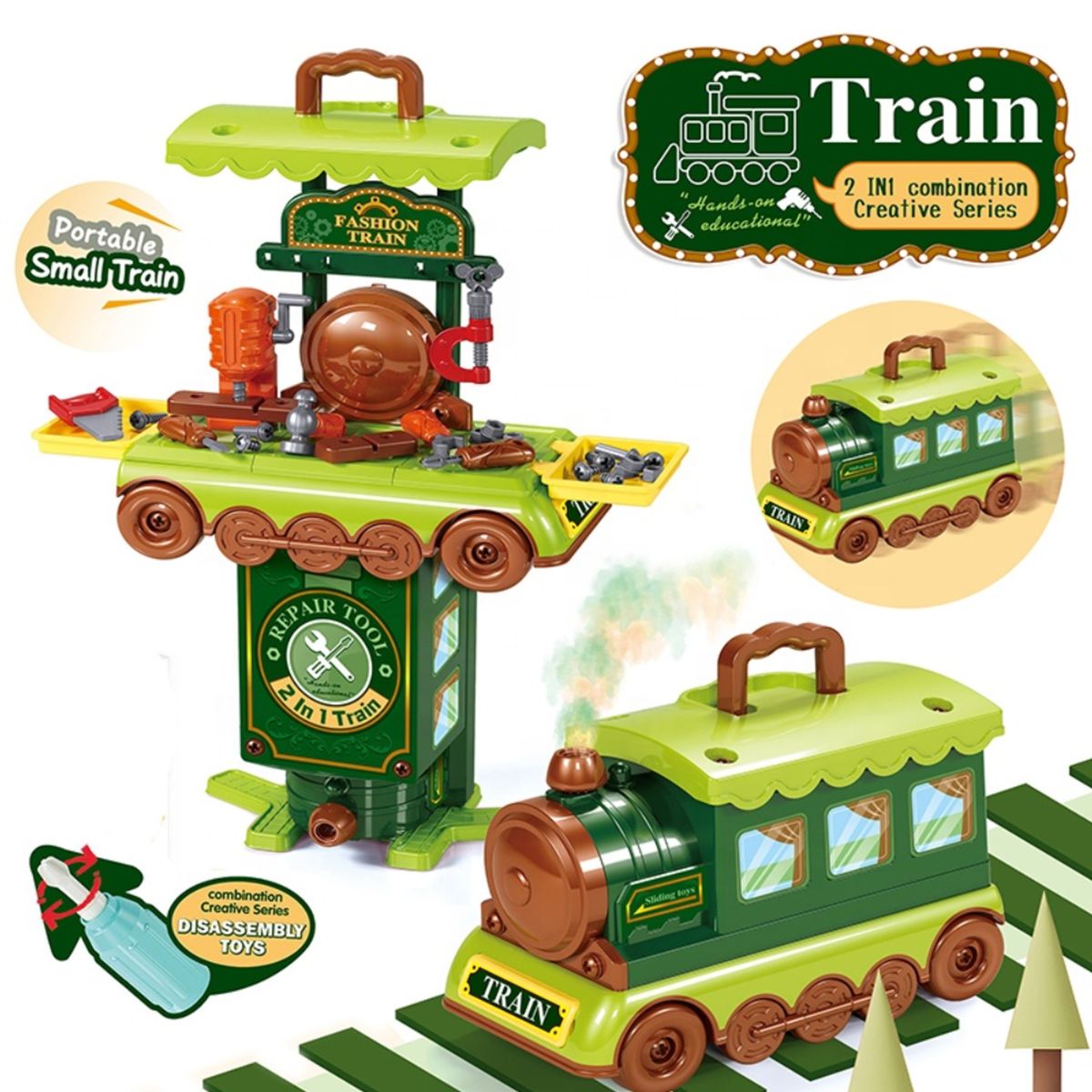TRAIN - TREN TRANSFORMABLE EN MESA DE HERRAMIENTAS – 65 PIEZAS