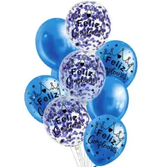 GENERICO - Set de globos latex feliz azul con confeti 9pcs