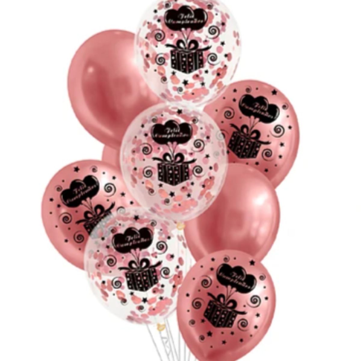 GENERICO - Set de globos látex feliz cumpleaños oro rosa con confeti 9pcs