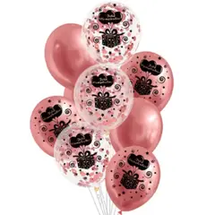 GENERICO - Set de globos látex feliz cumpleaños oro rosa con confeti 9pcs