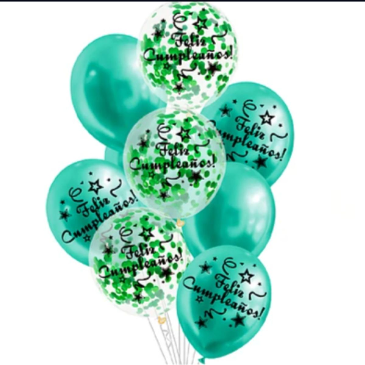 GENERICO - Set de globos látex feliz cumpleaños verde con confeti 9pcs
