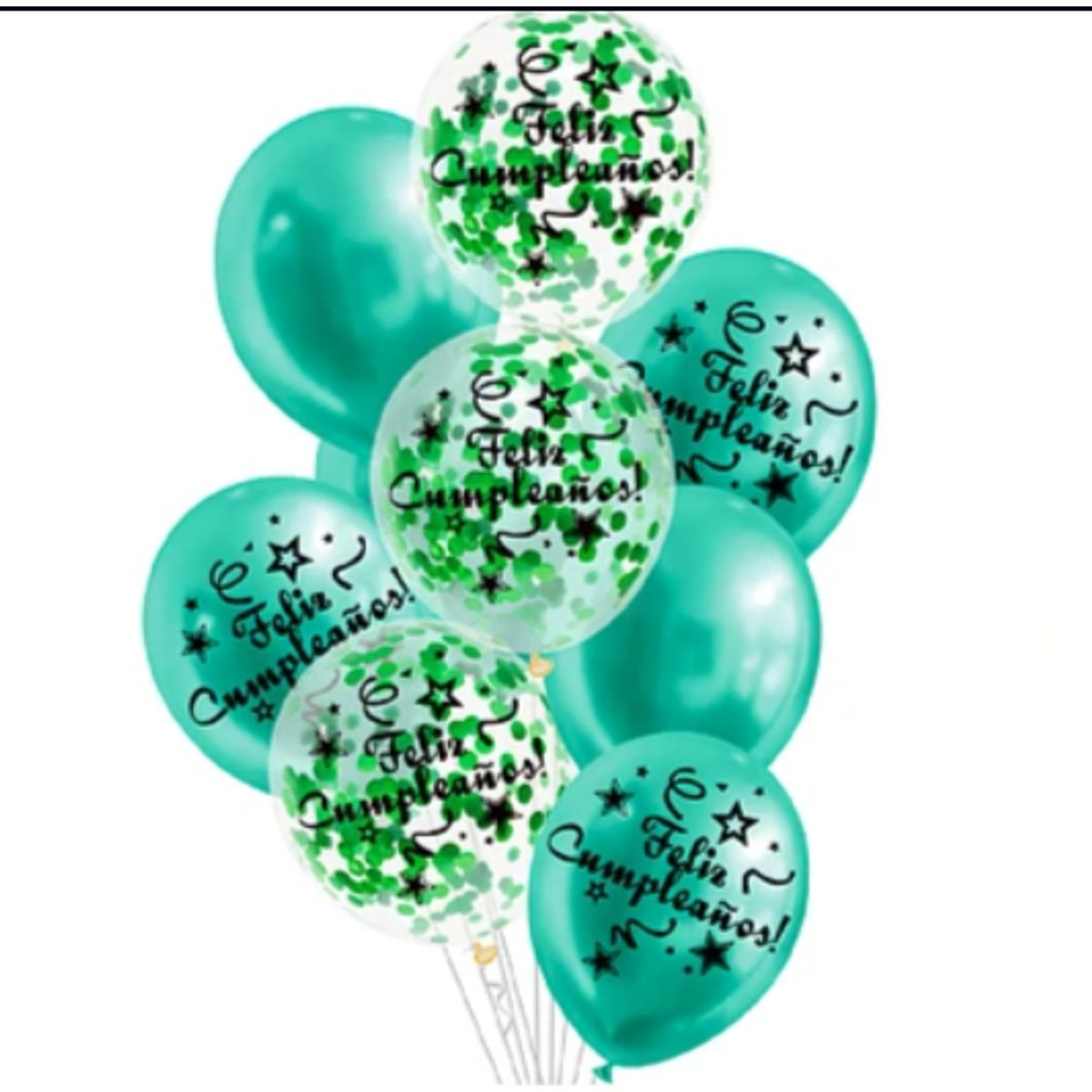 GENERICO - Set de globos látex feliz cumpleaños verde con confeti 9pcs