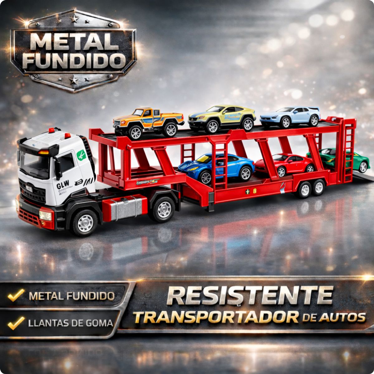 TRUCK REPUBLIC - CAMIÓN METAL REMOLQUE CON 5 VEHÍCULOS – LUCES Y SONIDO