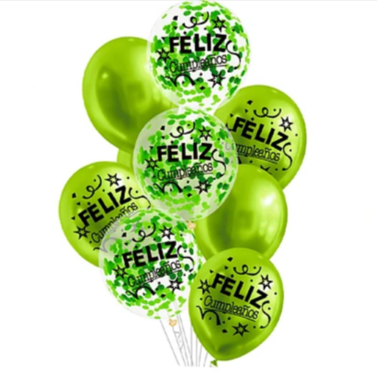 GENERICO - Set de globos látex feliz cumpleaños verde con confeti 9pcs