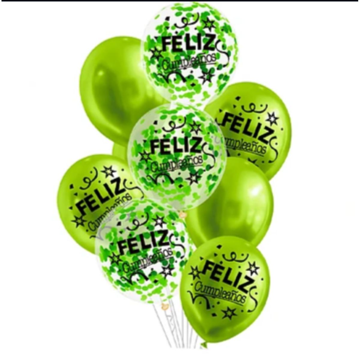 GENERICO - Set de globos látex feliz cumpleaños verde con confeti 9pcs