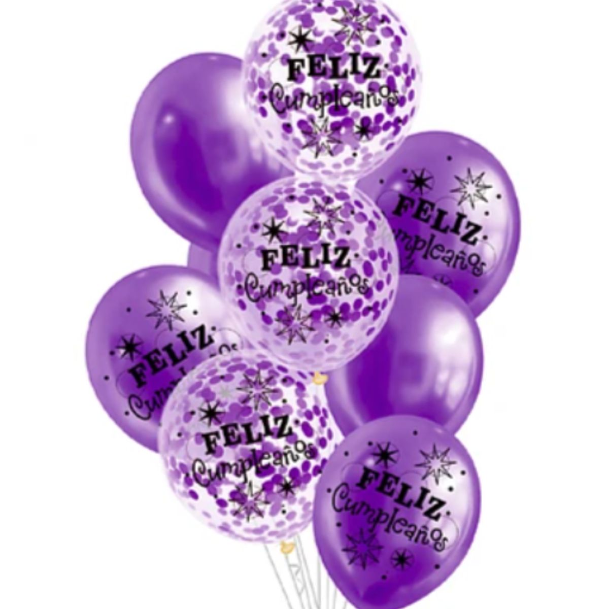 GENERICO - Set de globos látex feliz cumpleaños morado con confeti 9pcs