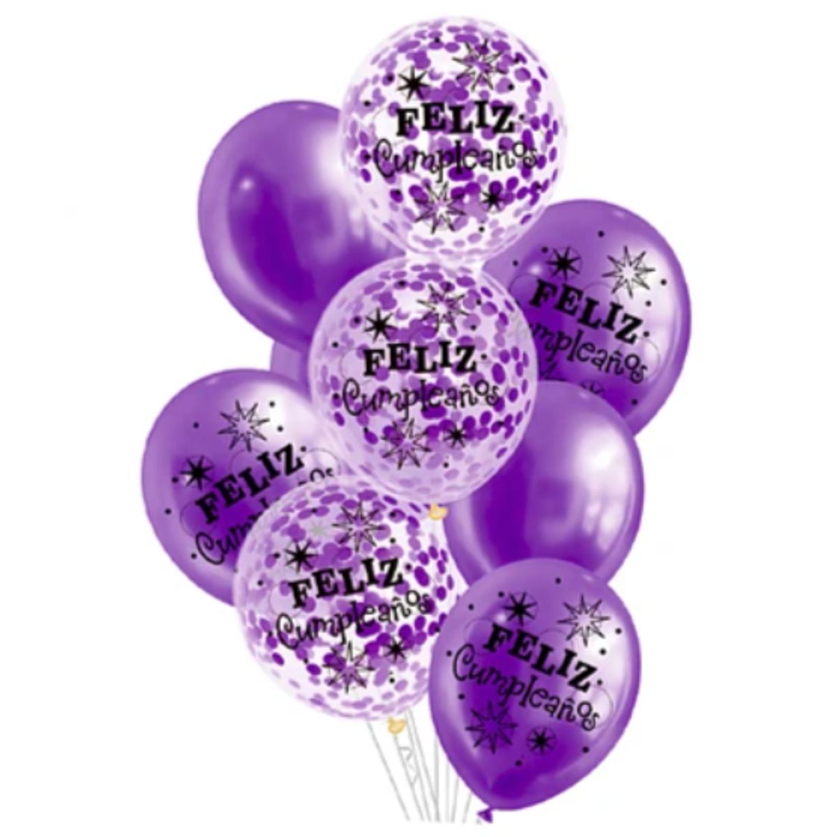 GENERICO - Set de globos látex feliz cumpleaños morado con confeti 9pcs