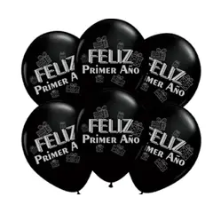 GENERICO - Globos de latex Feliz Primer año negro y plateado 6un