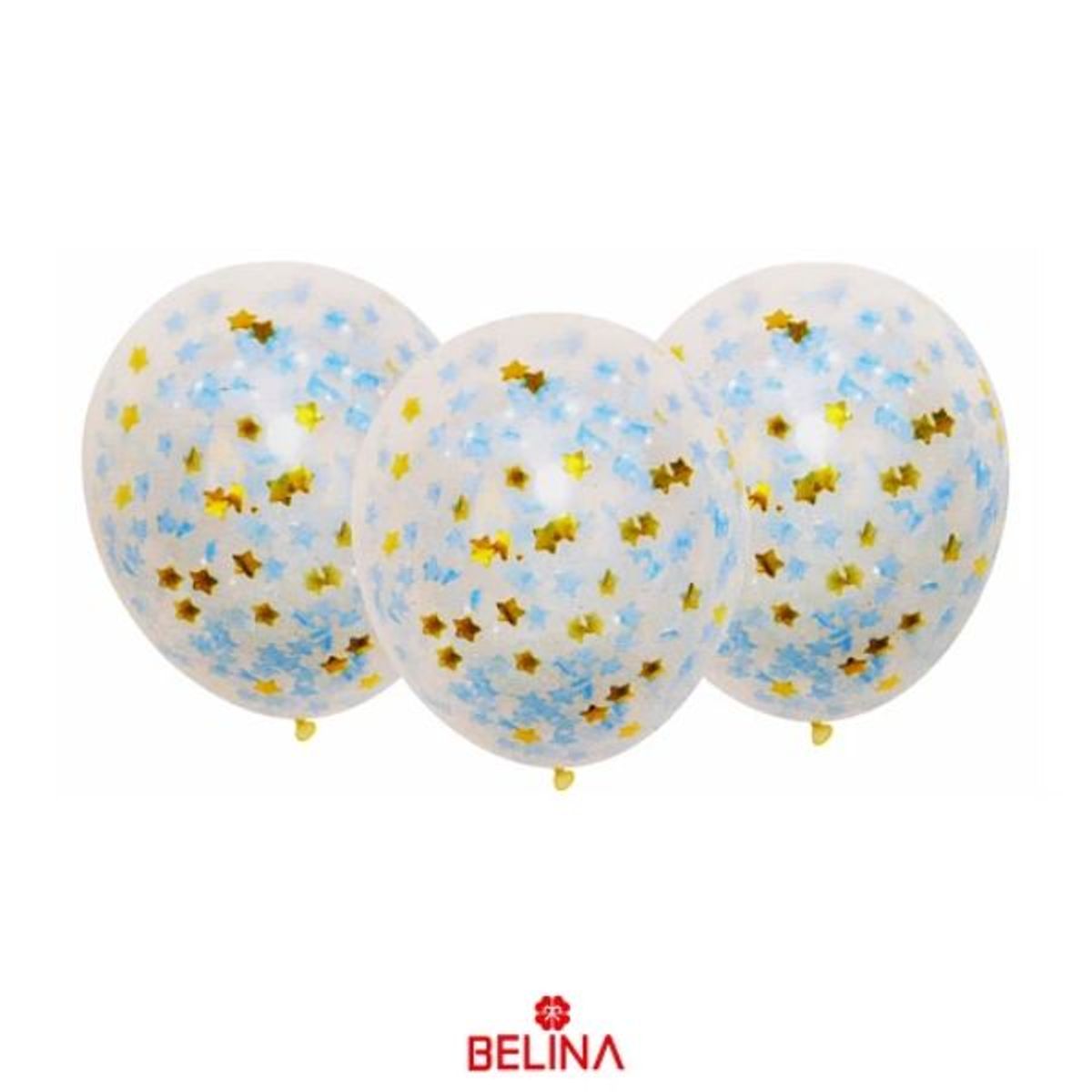 GENERICO - Globos de látex con confeti de estrellas dorado y celeste 3pcs 30cm